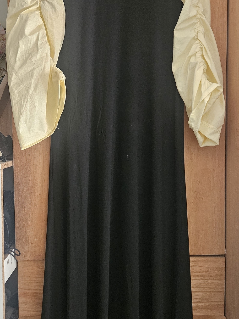 Blank NYC Black Maxi Dress With Pale Yellow Puffed Sleeves